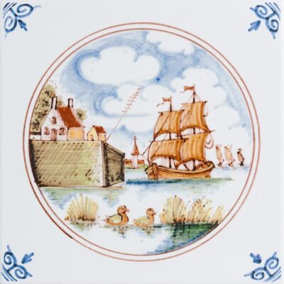 Ship Scene In Circle Glazed Delft Ceramic Tile 6×6