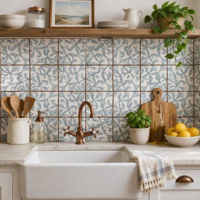 Ornament Matte Glazed Terracotta Tile soft blue botanical pattern, semi-matte finish, vintage-style terracotta tile.