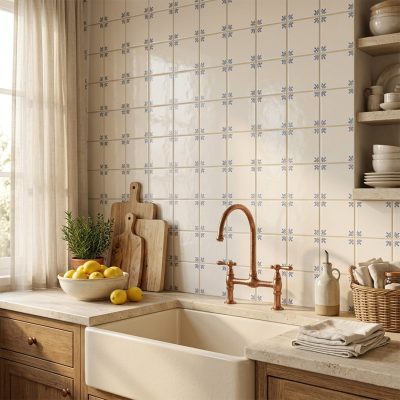 Modern coastal grandmother style kitchen with glossy off-white ceramic tile backsplash featuring delicate blue corner motifs, farmhouse sink, copper faucet, travertine countertop, and styled with lemons, herbs, and wooden accents by MGM Tile.